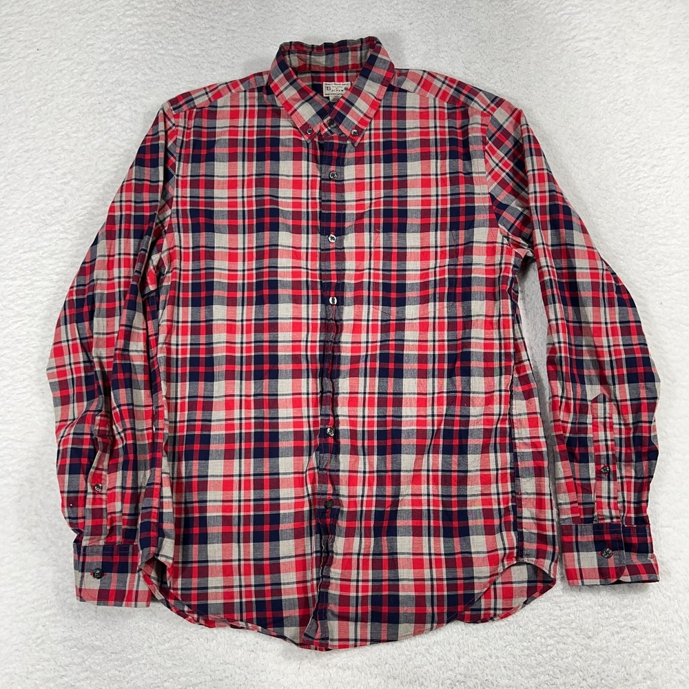 J Crew Mens Button Down Shirt M Red Plaid Long Sleeve Missing Button
